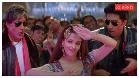 Amitabh Bachchan, Aishwarya Rai, and Abhishek Bachchan in Kajra Re.