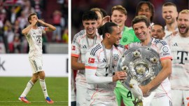 Thomas Muller celebrating his 13th Bundesliga trophy with Bayern Munich. (PHOTO: AP)