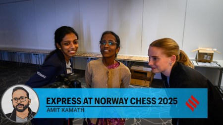 Nagalakshmi (centre) admits she doesn’t understand the nuances of the sport that her children Vaishali (left) and Praggnanandhaa have mastered. (Michal Walusza for Norway Chess)