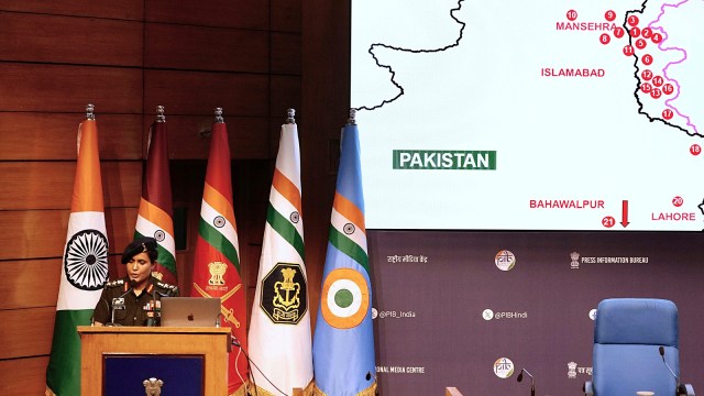 Colonel Sofiya Qureshi addresses a press conference after India struck multiple sites in Pakistan and Pakistan-occupied Kashmir under Operation Sindoor