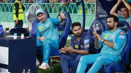 L-R: Lucknow Super Giants head coach Justin Langer, skipper Rishabh Pant and team mentor Zaheer Khan. (Sportzpics for IPL)