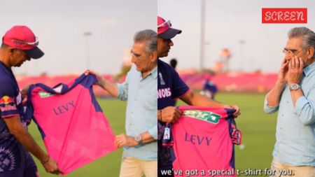 Rahul Dravid gifts Eugene Levy a pink RR jersey