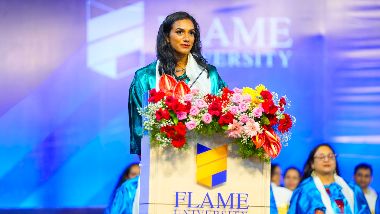 PV Sindhu speaking at the convocation address of Pune's FLAME University. (Special Arrangement)