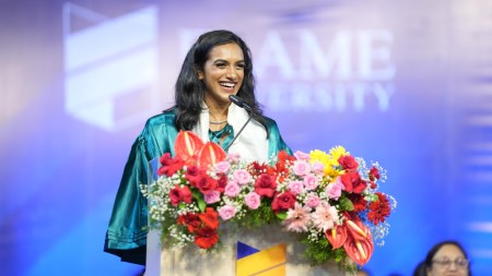 PV Sindhu speaking at the convocation address of Pune's FLAME University. (Special Arrangement)