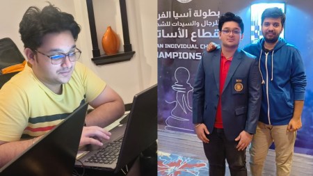 India's 86th GM Srihari LR with his coach Shyamsundar Mohanraj (R). (Special Arrangement)