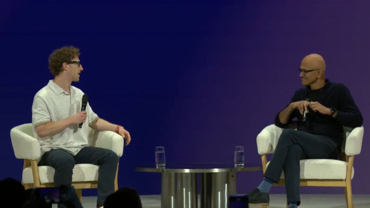 Meta CEO Mark Zuckerberg (left) and Microsoft CEO Satya Nadella at LlamaCon 2025