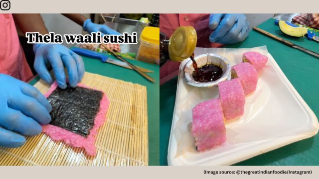 A street food stall in Ghatkopar is now serving fresh sushi straight off a thela (cart) (Image source: @thegreatindianfoodie/Instagram)
