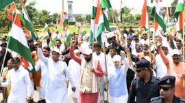 Tiranga Yatra Haryana CM Nayab Singh Saini during the Tiranga Yatra in Panchkula on Tuesday. Jasbir Malhi