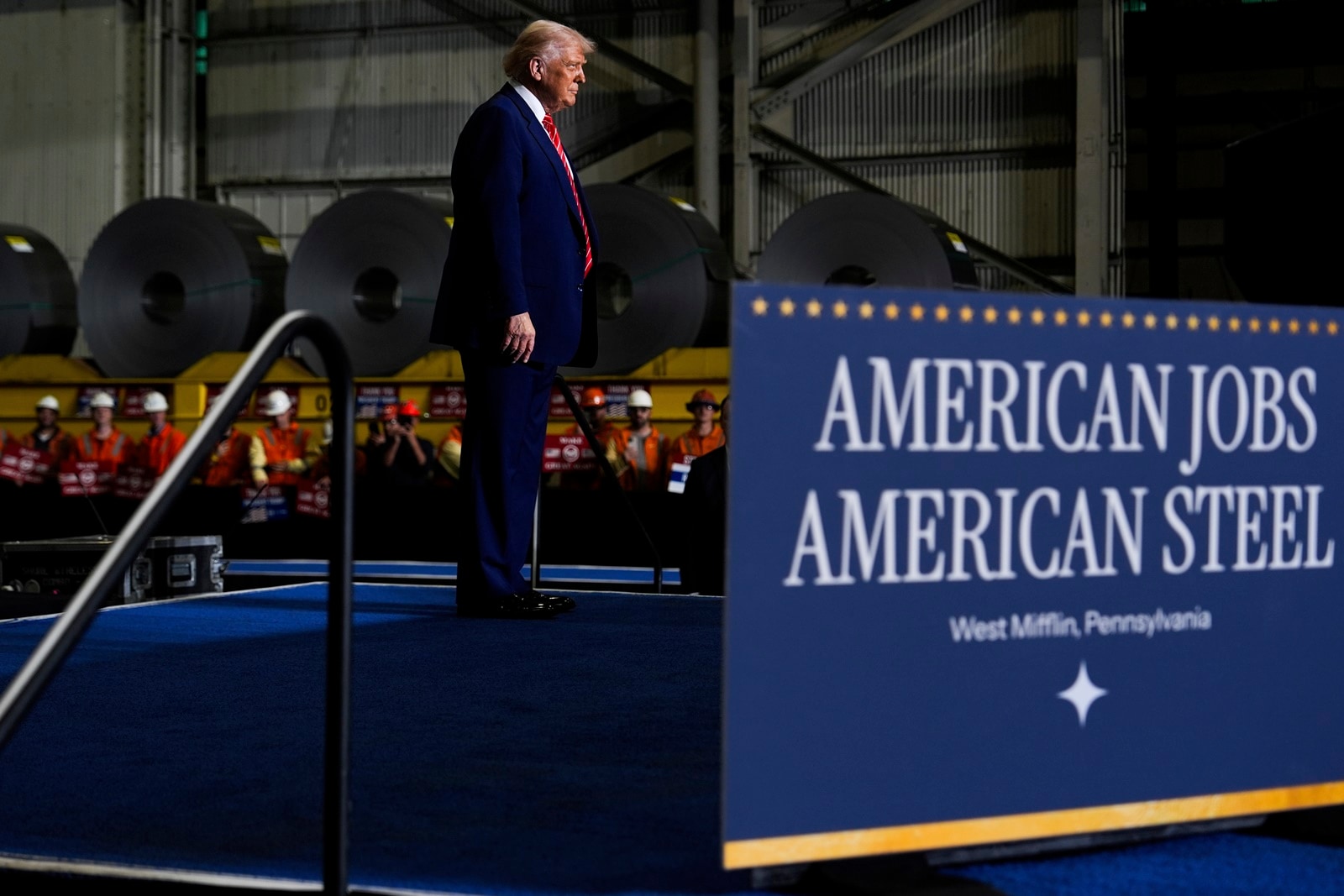 US President Donald Trump arrives to speak at US Steel Corporation's Mon Valley Works-Irvin plant on Friday