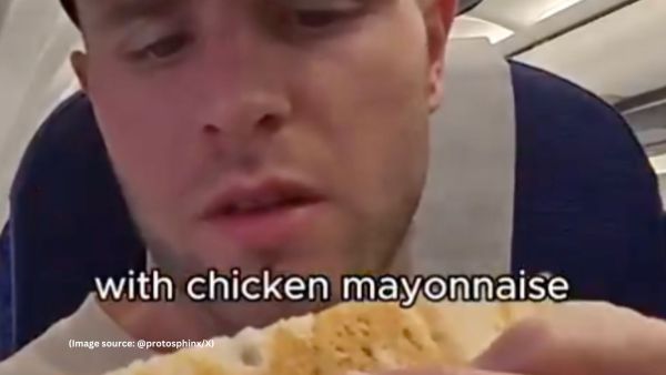 He is served a meal featuring a chicken junglee sandwich, which he rates seven out of ten (Image source: @protosphinx/X)