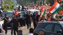 PM Modi was accorded a grand welcome upon his arrival at the Vadodara airport at around 10 am on Monday and a 1-km roadshow till the Airforce station.