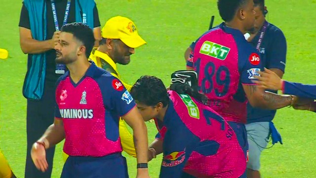 Vaibhav Suryavanshi touches the feet of CSK captain Mahendra Singh Dhoni after Rajasthan Royals' victory. (Screengrab via JioHotstar)