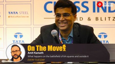 Chess legend Viswanathan Anand at the 2023 Tata Steel Rapid and Blitz tournament in Kolkata. (Express Photo from Partha Paul)