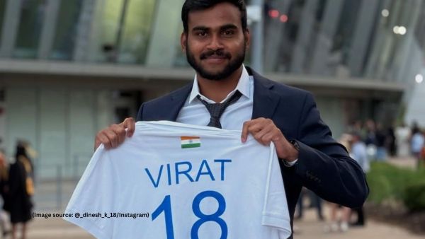 University of Missouri–Kansas City’s graduation ceremony shows a student, Dinesh Kyama, making a gesture by holding up Kohli’s iconic No 18 Test jersey.