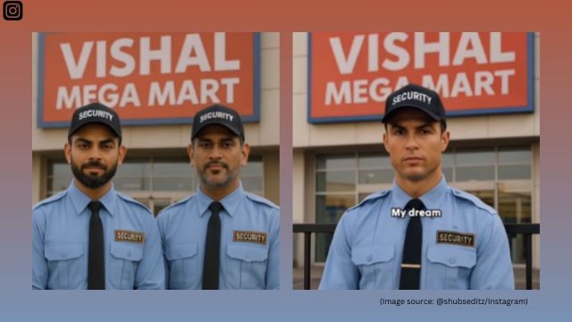 AI-generated memes of Virat Kohli and Cristiano Ronaldo wearing security guard uniforms outside a Vishal Mega Mart