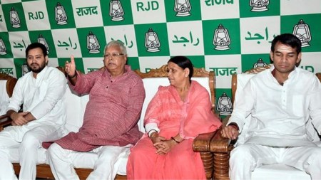 Lalu Prasad Yadav with Rabri Devi, Tejaswi Yadav and Tej Pratap in Patna. (Express Photo by Alok Jain)