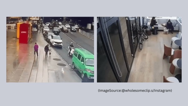 A dog gets reunited with its long-lost owner in a crowded city. (Image Source: @wholesomeclip.s/ Instagram)