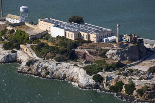 A view from a helicopter of Alcatraz Prison, a National Parks site located on Alcatraz Island in San Francisco Bay in San Francisco, California, U.S. May 5, 2025. 