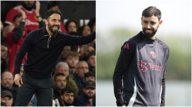 Ruben Amorim and Bruno Fernandes could see the funny side in the rather dismal air around Manchester United going into the Europa League final (AP)