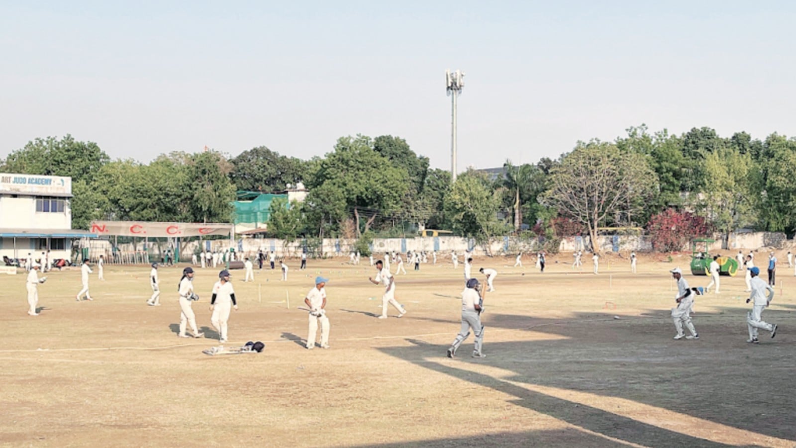 Children training at the Ankur Cricket Academy, where Aniket Verma trained, in Bhopal. (Express Photo)