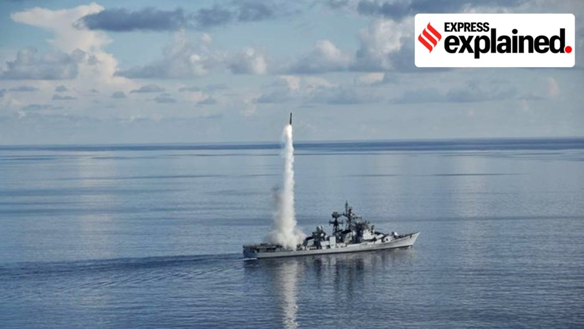 An Indian Navy destroyer of the Eastern Fleet carrying out successful firing of the BrahMos missile in the Bay of Bengal in 2023.