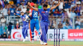 Jasprit Bumrah of Mumbai Indians celebrates the wicket of Tristan Stubbs of Delhi Capitals during match 63 of the Indian Premier League season 18 (IPL 2025) between Mumbai Indians and Delhi Capitals held at the Wankhede Stadium, Mumbai on the 21st May 2025 Photo by Vipin Pawar / Sportzpics for IPL