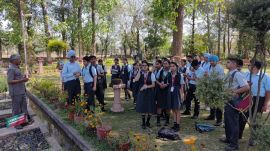 Herbal plants educator Om Parkash with students of St. Stephen's School, Sector 45-B, in the Botanical Garden. Express
