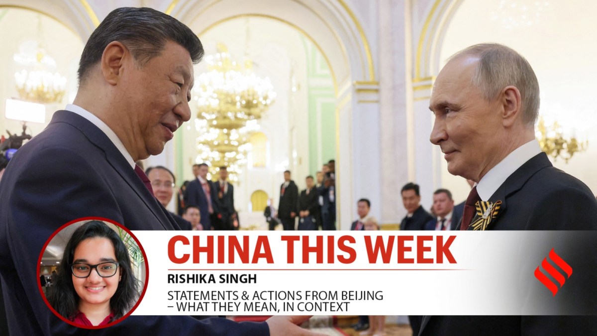 Russian President Vladimir Putin shakes hands with Chinese President Xi Jinping during a reception, held on Victory Day at the Kremlin in Moscow, Russia, May 9, 2025.