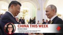 Russian President Vladimir Putin shakes hands with Chinese President Xi Jinping during a reception, held on Victory Day at the Kremlin in Moscow, Russia, May 9, 2025.