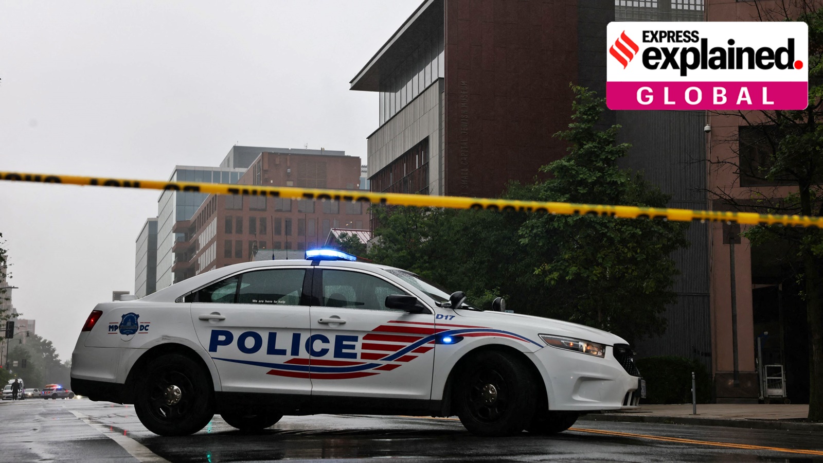 A police car is parked on a street where, according to the U.S. Homeland Security Secretary, two Israeli embassy staff were shot dead near the Capital Jewish Museum in Washington, D.C., U.S. May 22, 2025.
