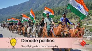 Hoteliers, pony riders and tour guides carrying national flags shout pro India slogans during a Tiranga Yatra to highlight the success of Indian military Operation Sindoor, in Pahalgam. (AP Photo)