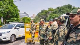 Security personnel deployed at Connaught Place, a day before the nationwide mock drills ordered by the Ministry of Home Affairs, in New Delhi, Tuesday, May 6, 2025. (PTI Photo)