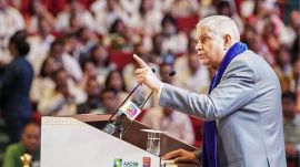 Vice-President Jagdeep Dhankhar addresses the convocation of Jaipuria Institute of Management, at Bharat Mandapam in New Delhi. (@VPIndia via PTI Photo)