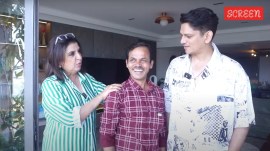 Farah Khan with her cook Dilip (center) and actor Vijay Varma (right)