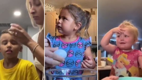 The egg prank is a part of an online trend where parents pretend to crack an egg into a bowl, only to suddenly break it on their child’s head