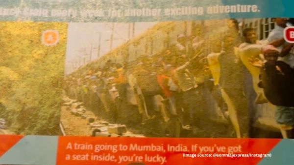 India is depicted by an overcrowded train, with passengers dangerously hanging out of the doors (Image source: @somraajexpress/Instagram)
