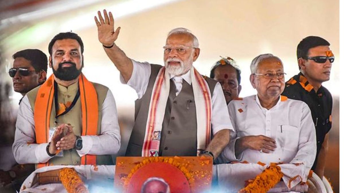Prime Minister Narendra Modi, Bihar Chief Minister Nitish Kumar and Deputy Chief Minister Samrat Choudhary during a public meeting, in Rohtas district, Bihar,