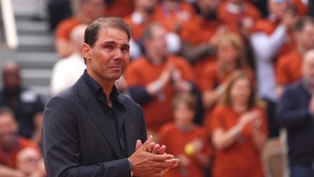 Rafael Nadal gets emotional during a farewell ceremony at center court Philippe-Chatrier, at the Roland-Garros stadium. (AP Photo)