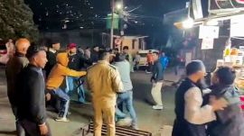 Two groups clash as communal tension erupted after the family of a minor lodged a rape complaint against a 65-year-old man, in Nainital, Wednesday night, April 30, 2025. (PTI Photo)