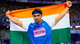 Paris Olympics silver medalist Neeraj Chopra celebrates after the men's javelin throw final on Thursday in Saint-Denis. (AP Photo)