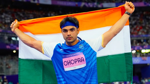 Paris Olympics silver medalist Neeraj Chopra celebrates after the men's javelin throw final on Thursday in Saint-Denis. (AP Photo)