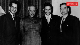 Dilip Kumar, Pandit Jawaharlal Nehru, Dev Anand and Raj Kapoor photographed together