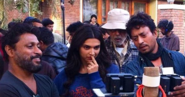 The director of Piku Shoojit Sircar Director Deepika Padukone, Amicitabh Bachchan and Irrfan Khan.