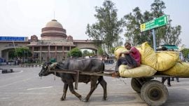 A farmer carrying fodder on a cart moves past the Integrated Check Post near the Attari-Wagah border amid rise in tension between India and Pakistan, in Amritsar district, Punjab