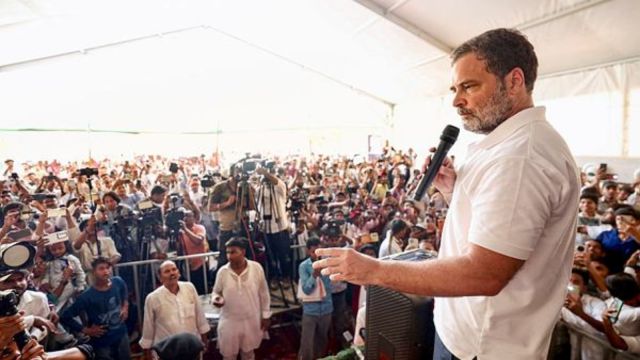 Congress MP and Lok Sabha Leader of Opposition Rahul Gandhi addresses the Shiksha Nyay Samvad programme, in Darbhanga.