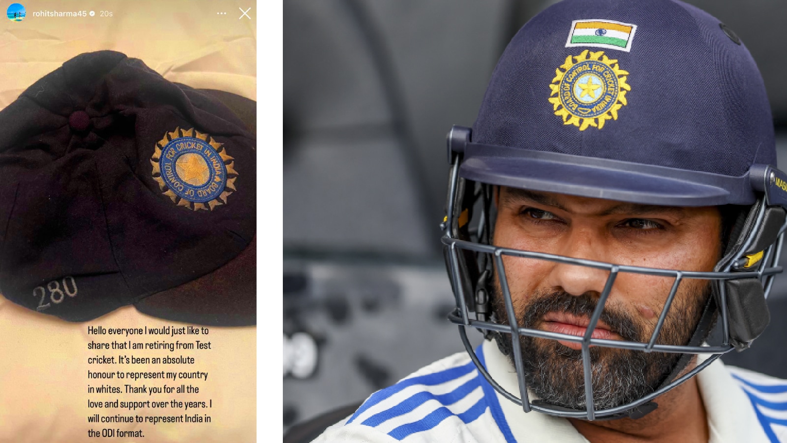 (LEFT) Rohit Sharma announced his retirement through his Instagram Stories; (RIGHT) Rohit seen during India's tour of Australia. (PHOTOs: Rohit Sharma Instagram; AP)