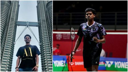 Sathish Kumar Karunakaran posing in front of Petronas Towers last year after his move to Malaysia (L). Sathish celebrates his win over Chou Tien Chen at the Malaysia Masters 2025 (Instagram / sathish5467 and BWF / BadmintonPhoto)