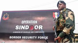 Punjab Border Security Force (BSF) personnel stands guard during a demonstration on how they foiled a major infiltration bid in the Samba sector during Operation Sindoor, in Samba on Wednesday. (ANI Photo)