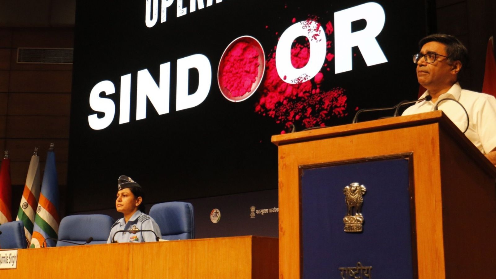 Foreign Sect.Vikram Misri with Col.Sofiya Qureshi and Wg.Cdr Vyomika Singh during press briefing on Operation Sindoor in new delhi on wednesday.Express photo by Anil Sharma.07.05.2025