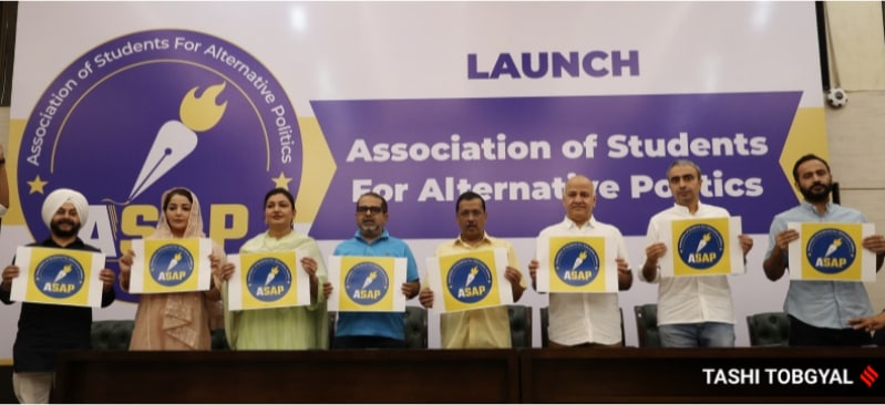 New Delhi; 20 May 2025; AP Convenor Arvind Kejriwal, former Education Minister of Delhi Manish Sisodia and other party leaders at the launch of the party's student wing, 'Association of Students for Alternative Politics' (ASAP).